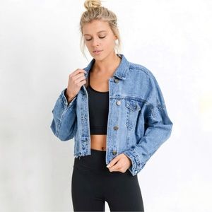NWT Mono B Mobridge Cropped Drop Shoulder Denim Jean Jacket Medium
